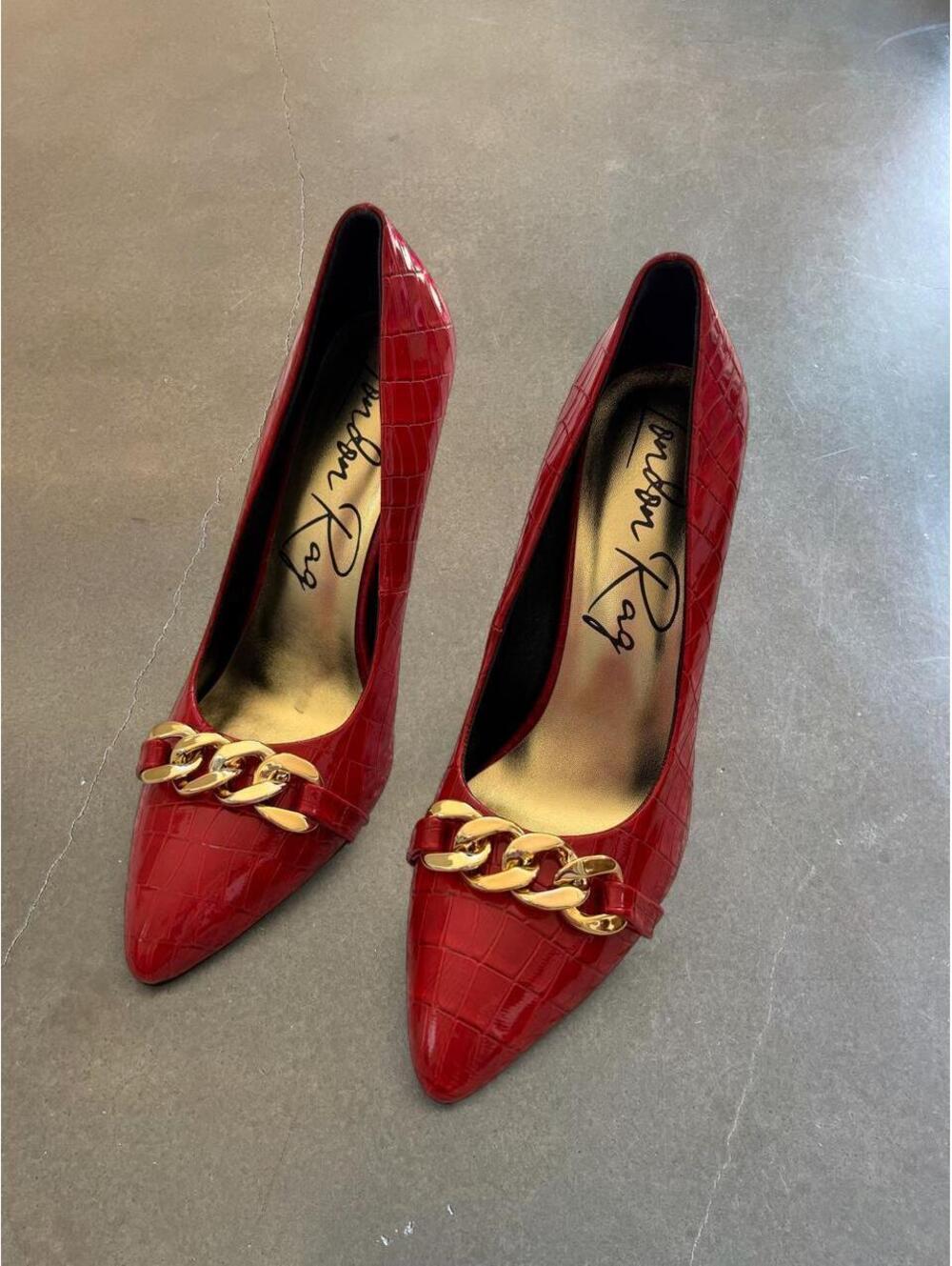 Red Croc Embossed Chain Stiletto Pumps Y2K Glam Pointed Toe